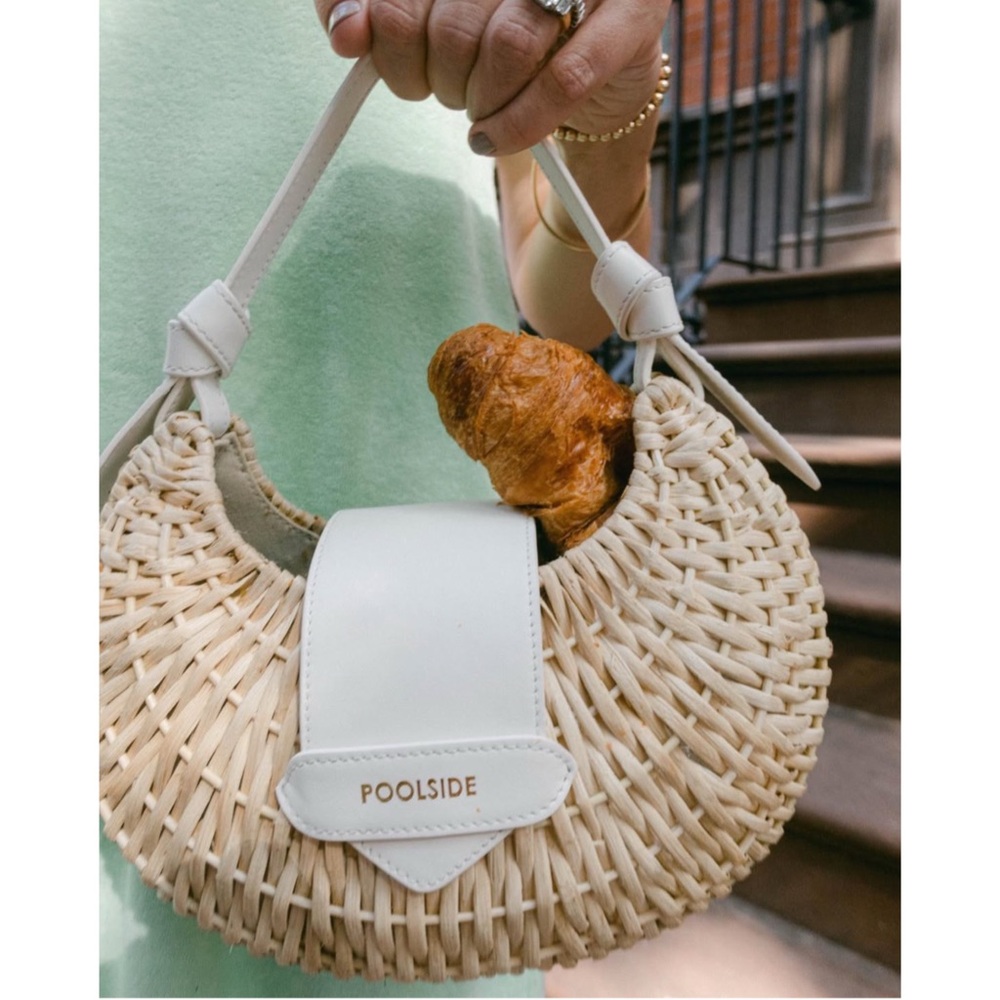 POOLSIDE Beige White Woven Wicker Leather Le Croissant Rattan Hobo Crescent Bag